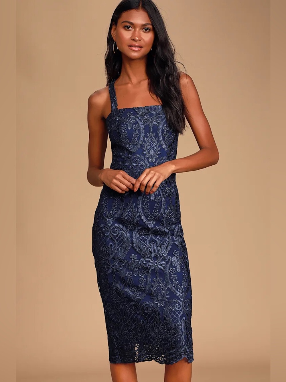 Lulu's Navy Blue Lace Midi Dress with Square Neck